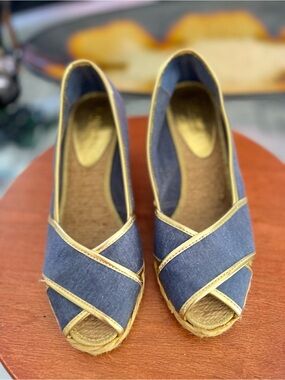 Denim Peep-Toe Wedge Flats with Gold Trim - Women
